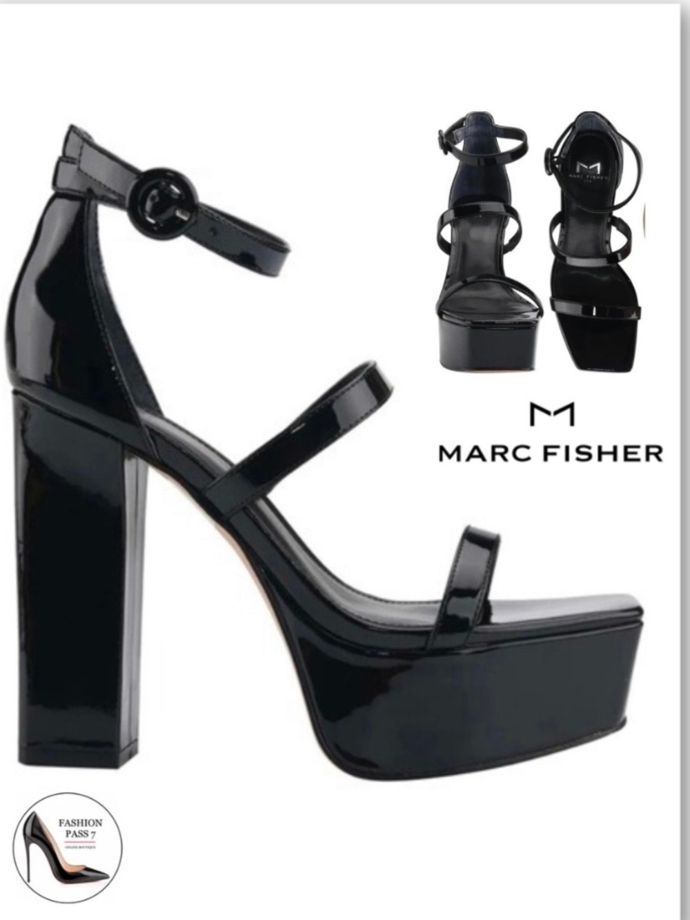 Marc Fisher Frita Black Patent Block Heel Platform Sandal Strappy Heeled Pumps 9